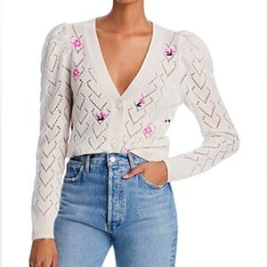 Aqua Cashmere Embroidered Pointelle Cashmere Cardigan